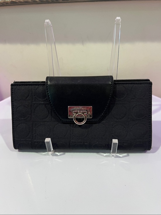 Salvatore Ferragamo Handbags - Salvatore Ferragamo Black Embossed Wallet Clutch with Ring Closure